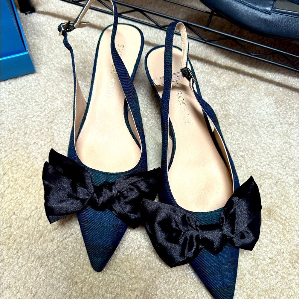 Jack Rogers Debra Slingback Kitten Heels Green/Navy Plaid with Black Satin Bow